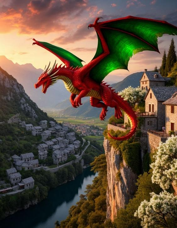 Красный дракон с зелеными крыльями