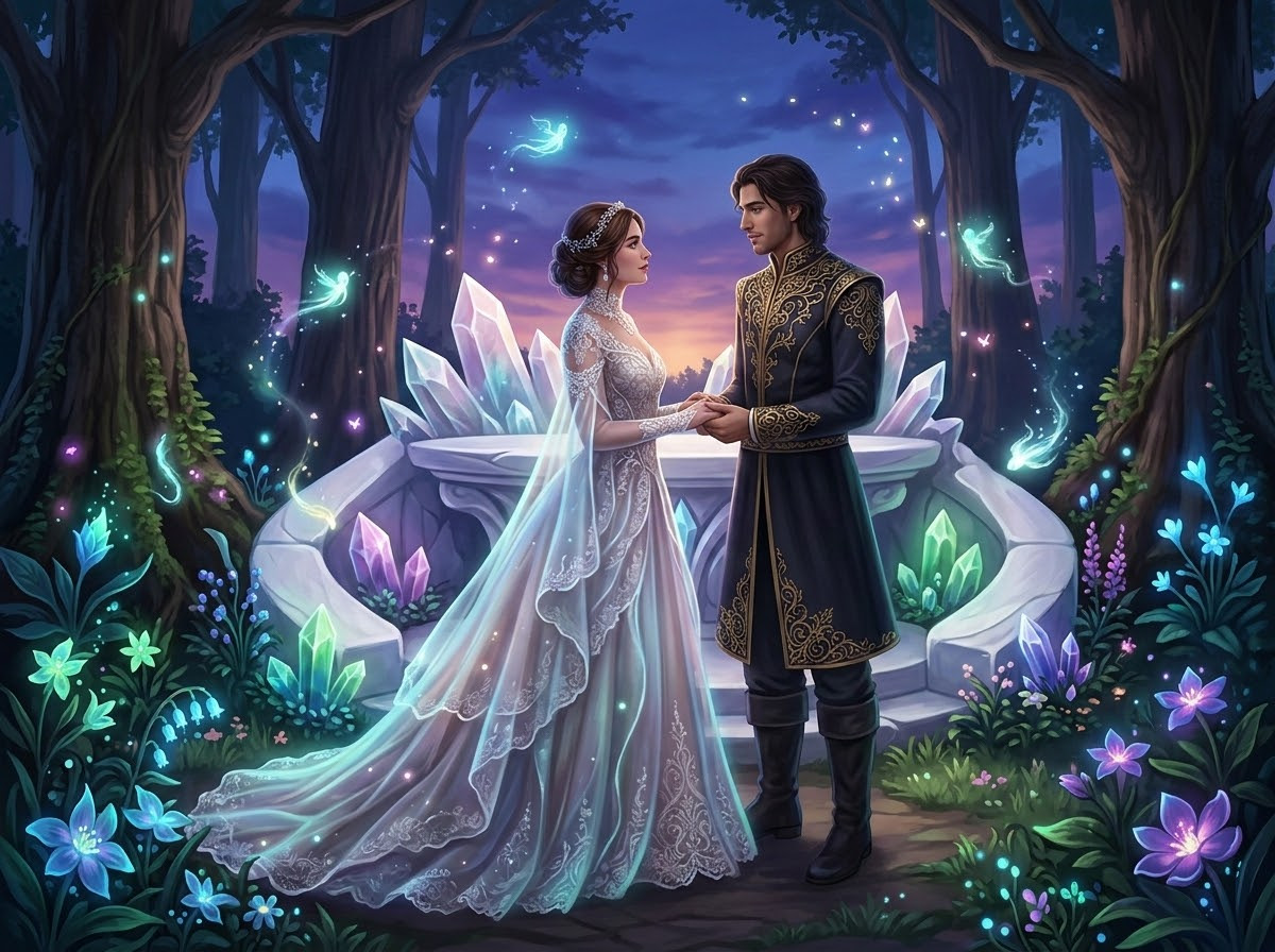A romantic fantasy couple dressed in extremely ornate, elegant wedding attire. The bride wears a gown with ethereal glowing fabrics and intricate lace, the groom in a noble tunic with gold embroidery. They stand before a magical altar made of crystal and white stone, surrounded by floating ethereal lights, magical sparks, and bioluminescent flowers in a mystical forest setting at twilight.